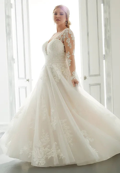 Robe De mariée grande taille pour femmes, manches longues, col en v, ligne a, dos nu, avec des Appliques en dentelle, avec traîne De balayage