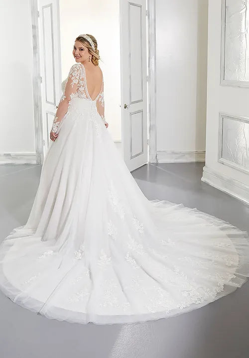 Robe De mariée grande taille pour femmes, manches longues, col en v, ligne a, dos nu, avec des Appliques en dentelle, avec traîne De balayage