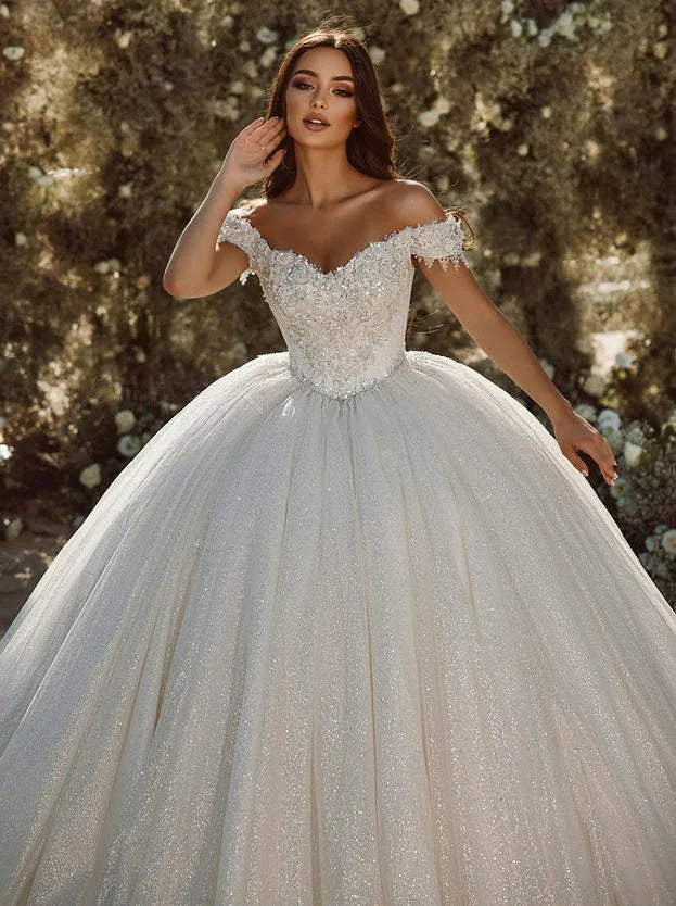 Vestidos de novia de encaje brillante, vestido de novia brillante con hombros descubiertos, apliques sin espalda, vestidos de novia con flores en 3D, vestido de novia princesa 