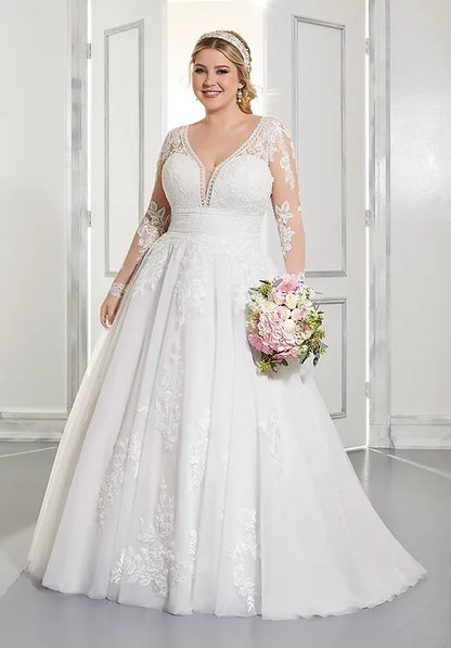 Robe De mariée grande taille pour femmes, manches longues, col en v, ligne a, dos nu, avec des Appliques en dentelle, avec traîne De balayage