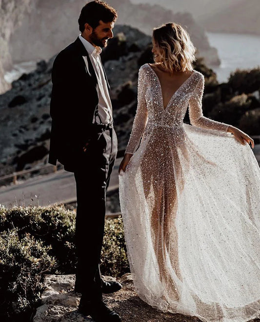 Robe De mariée sirène transparente, Sexy, à paillettes, col en v, en Tulle, avec traîne, robe De mariée 