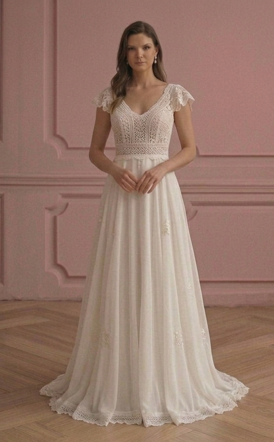 Rustic A-Line Wedding Dress Boho Lace Outdoor Bridal Wear