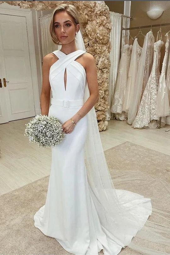 Robe de mariée sirène en crêpe, élégante, sans bretelles, découpée, Simple, dos ouvert, avec traîne Court, sur mesure