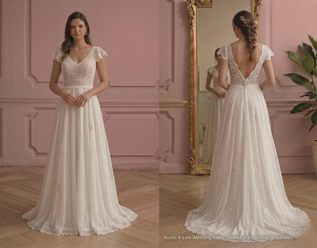 Rustic A-Line Wedding Dress Boho Lace Outdoor Bridal Wear
