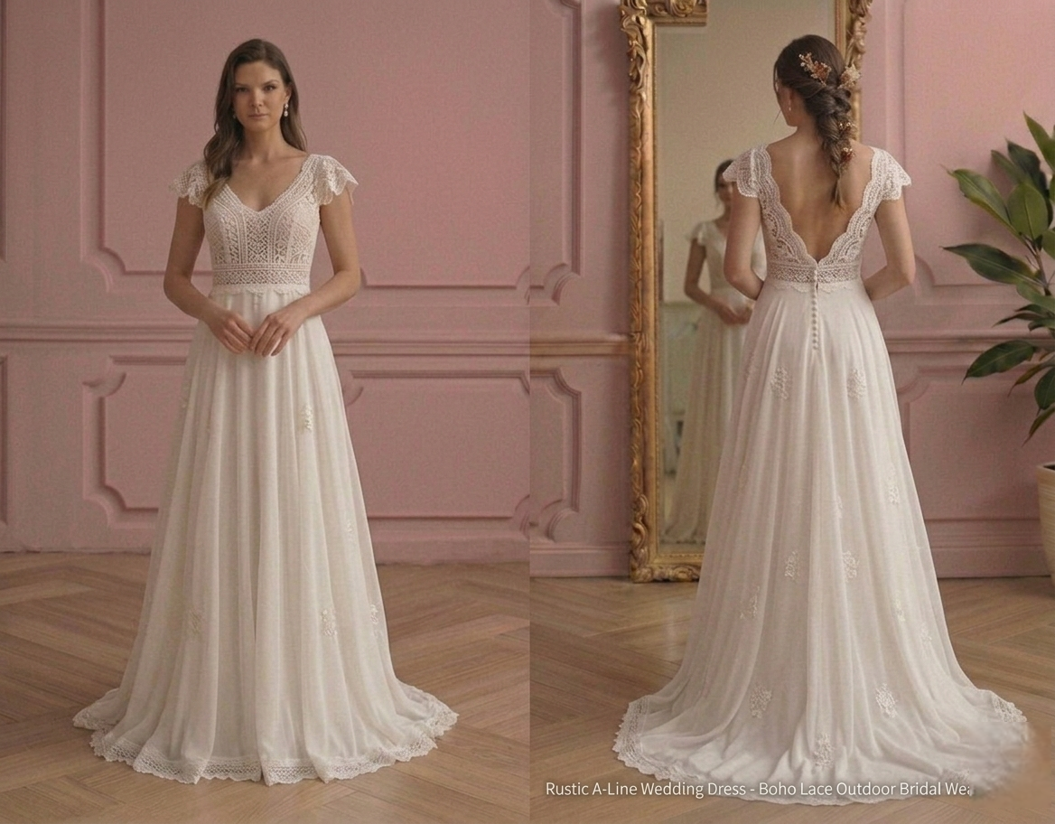 Rustic A-Line Wedding Dress Boho Lace Outdoor Bridal Wear