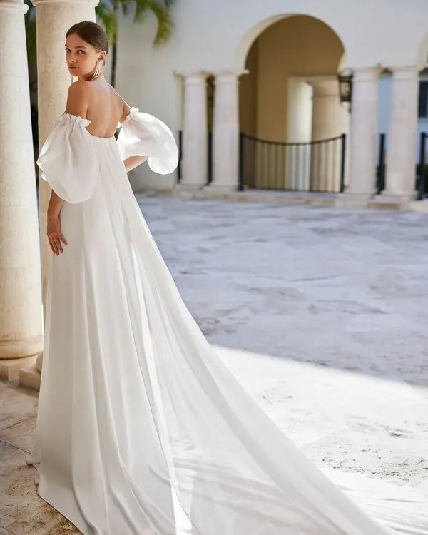 Detachable Sleeves and Detachable Georgette Train Wedding Dress Modern Mermaid Satin Bridal Gown Princess Court Train Bow Vestido De Novia Satin