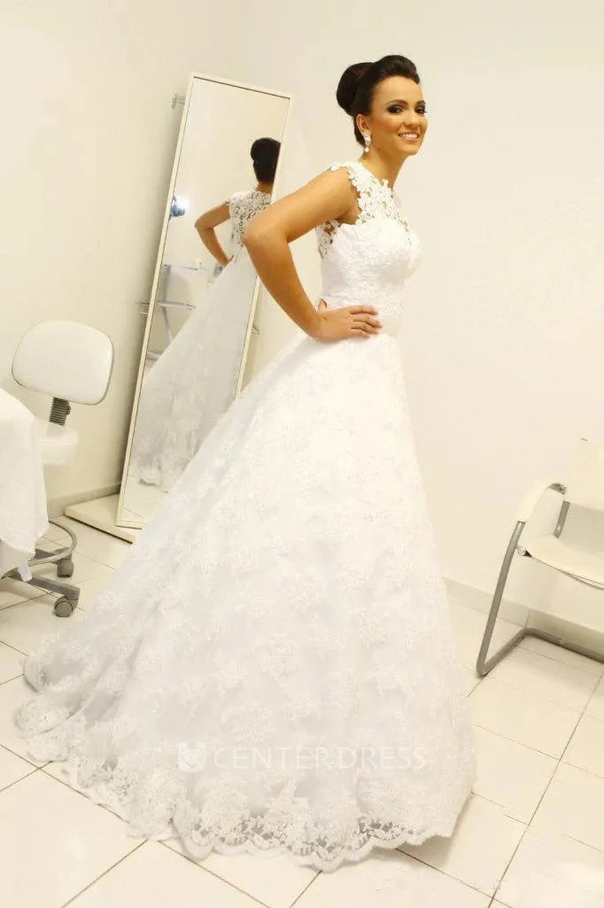 Princess Wedding Dress Scoop Appliqued Detachable Train Wedding Gown Sleeveless Boho Free Shipping Bride Dress WHITE