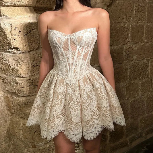 In pizzo avorio abiti da festa corti da matrimonio a maniche abiti da cocktail a-line per abiti da sposa da donna vestidos de nolia