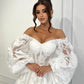 Ivory A-Line Wedding Dresses Off Shoulder Floral Brides Dress for Women Long Puff Sleeves Ankle Length Bridal Party Gowns