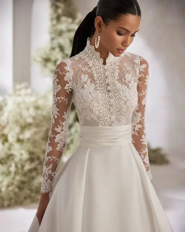 Scalloped Rebrodé Lace Wedding Dress Vestido De Novia Bridal Gown Princess Mermaid Satin Court Train Bow Satin
