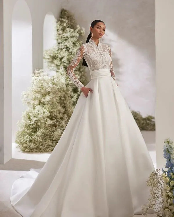 Scalloped Rebrodé Lace Wedding Dress Vestido De Novia Bridal Gown Princess Mermaid Satin Court Train Bow Satin