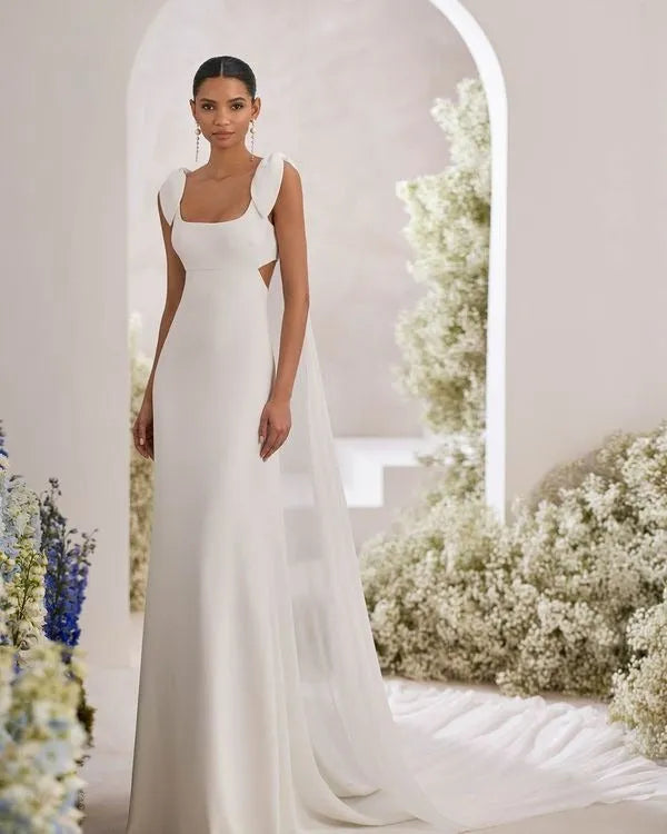 Modern Two-Piece Sheath-Style Wedding Dress Satin Court Train Bow Sleeveless Mermaid Vestido De Novia Bridal Gown Princess Satin