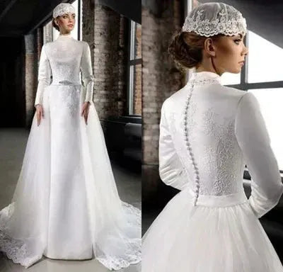 Muslim Wedding Dress | Muslim Wedding Dresses Long Sleeve High Neck Lace Appliques Satin Bride Gowns Mariage Vestido De Novia WHITE