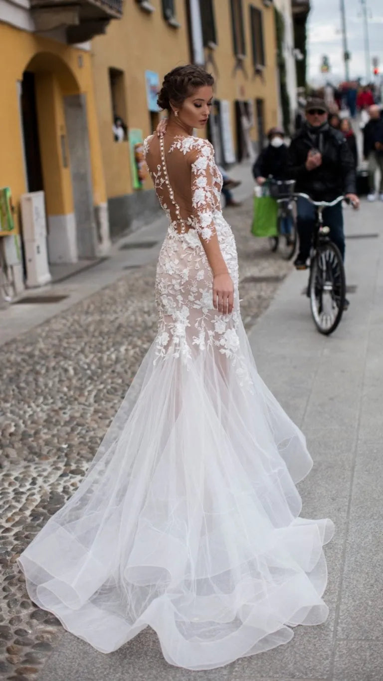 Fantastic Tulle 3D Lace Applique See Through Mermaid Wedding Dresses Long Sleeves Bridal Dress vestidos de novia sencillos WHITE