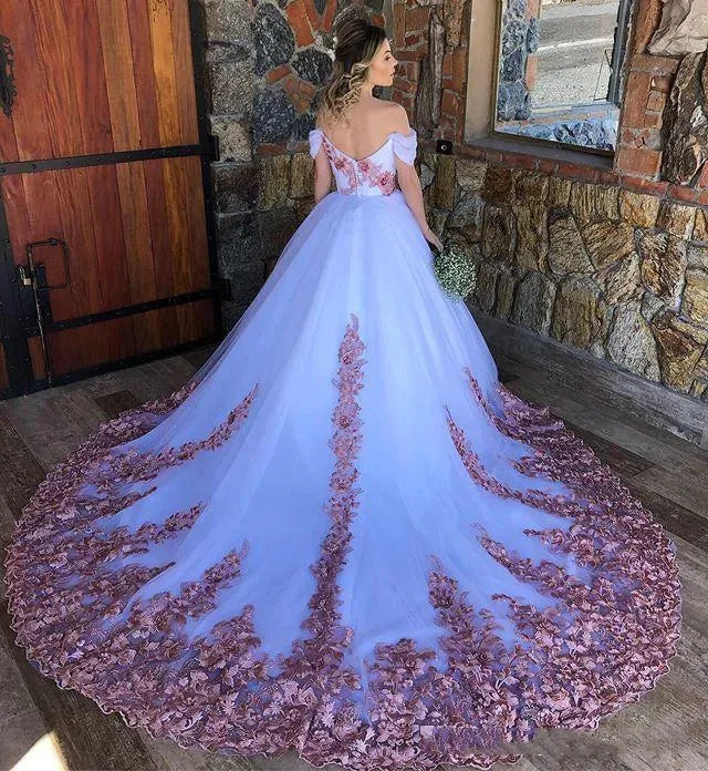 Romantic Tulle Off-the-shoulder Neckline White Ball Gown Wedding Dresses With Pink Lace Appliques Bridal Gowns WHITE