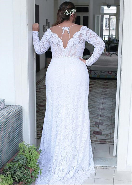 Plus Size Wedding Dresses Deep V Neck Vintage Long Sleeves Formal Wedding Bridal Gowns Court Train