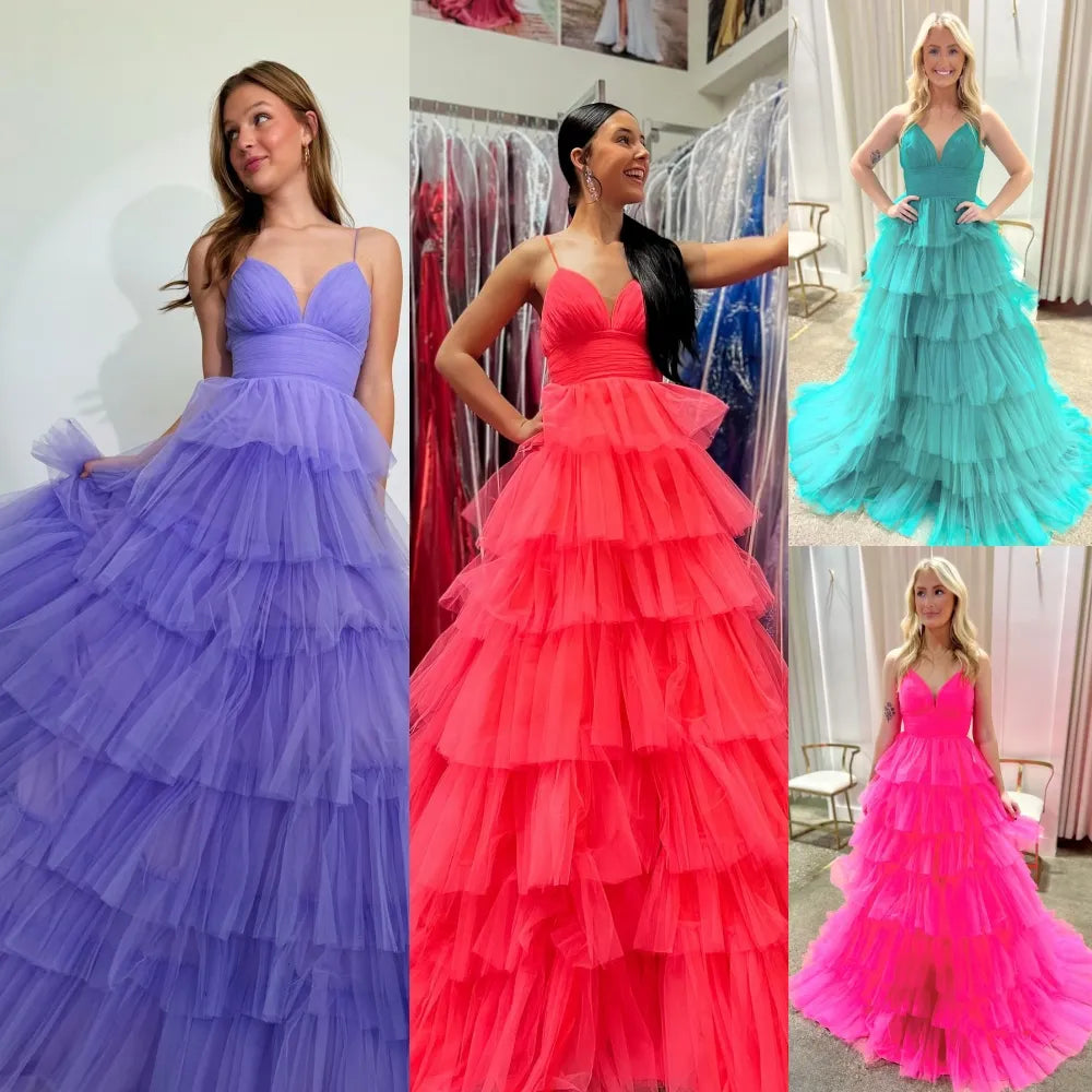 Spaghetti Strap V-neck Prom Dresses Tulle A-line vestidos de noche Elegant Sleeveless Floor-Length Formal Evening