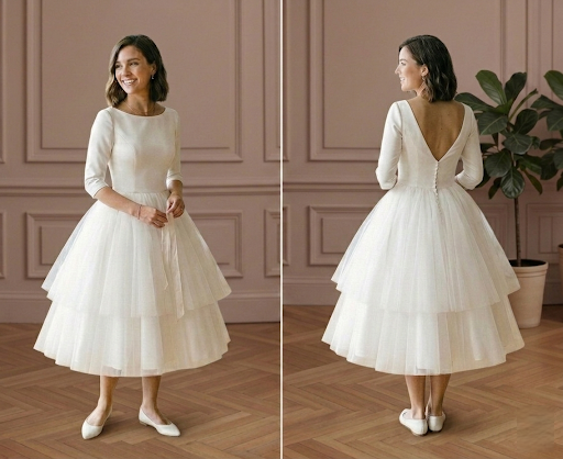 Short Plain Puffy Wedding Dress Layered Tulle Classic Gown