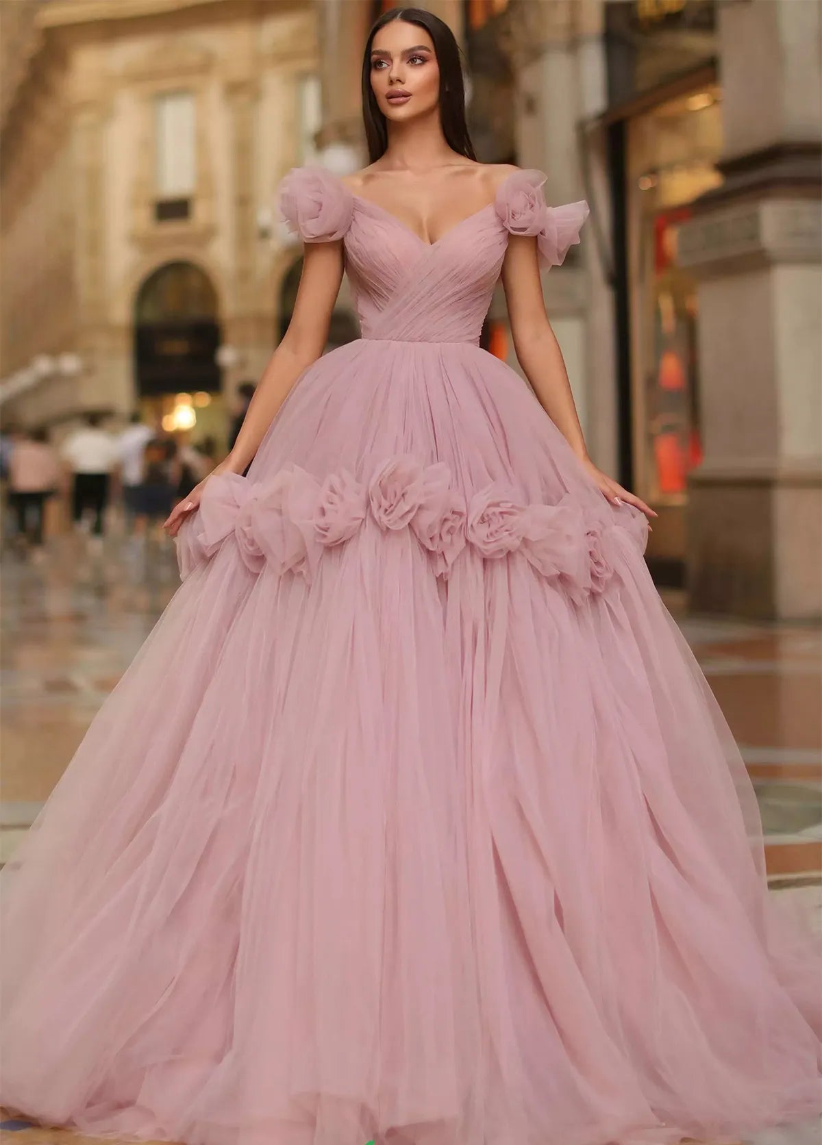 Pink A-Line Wedding Dresses Off Shoulder 3D Flowers Ball Gowns Brides Prom Gown Long Bridals Evening Dresses for Women