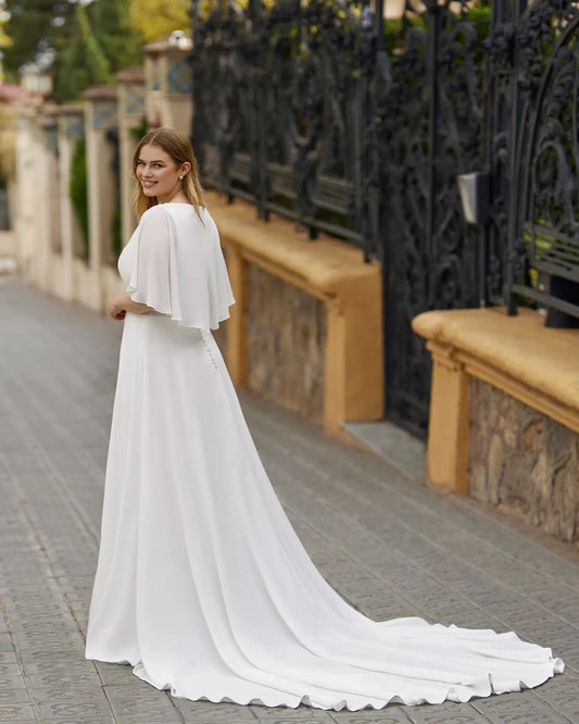 Long Wedding Dress with Cape Sleeves Vestido De Novia Bridal Gown Court Train Modern Princess Mermaid Satin Wedding Dress Bow Satin