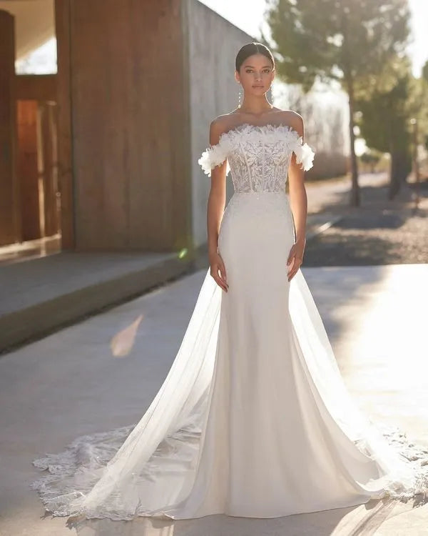 Romantic, Three-Piece Mermaid-Style Wedding Dress Princess Modern Mermaid Satin Vestido De Novia Bridal Gown Court Train Bow Satin