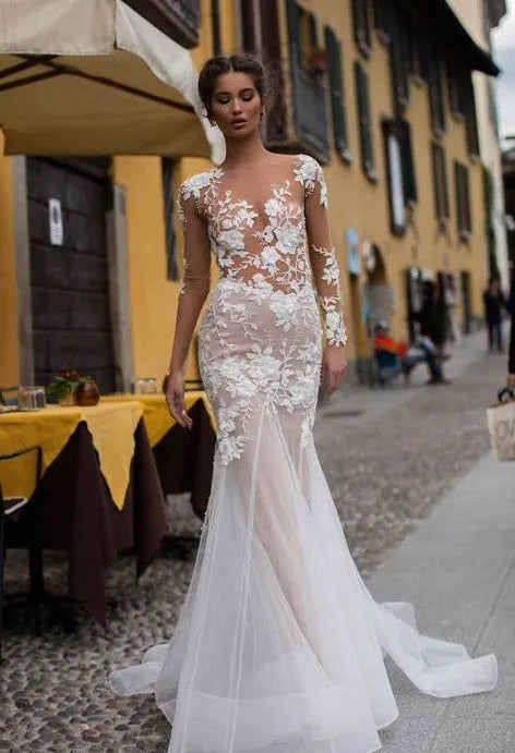 Fantastic Tulle 3D Lace Applique See Through Mermaid Wedding Dresses Long Sleeves Bridal Dress vestidos de novia sencillos WHITE