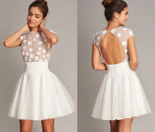 Vestido De Novia corto De princesa, minifalda romántica con flores, cuello redondo, manga casquillo, Vestidos sexis con espalda descubierta, hechos a medida para mujer