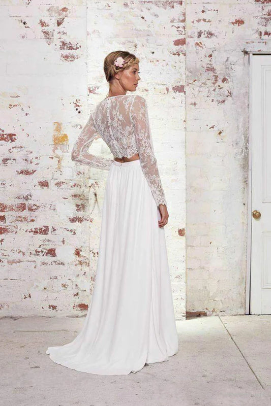 Chiffon Two Piece Wedding Dress Long Sleeves White Ivory Lace Beach Bridal Dress Boho Wedding Gowns plus size