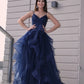 Vestidos de Noche azul marino, volantes largos, plisados ​​de tul, tirantes finos, abertura frontal, vestidos formales para fiesta de graduación para mujer, hechos a medida