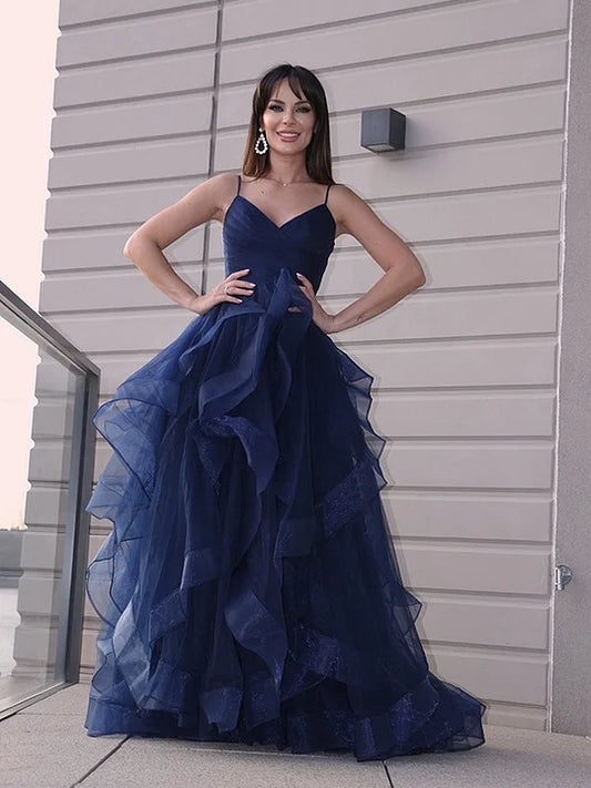 Vestidos de Noche azul marino, volantes largos, plisados ​​de tul, tirantes finos, abertura frontal, vestidos formales para fiesta de graduación para mujer, hechos a medida