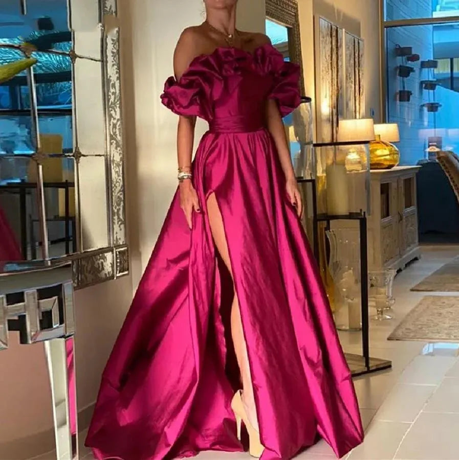 Vestidos De Fiesta fucsia con hombros descubiertos satén فساتين السهرة elegante hasta el suelo Sexy lado alto dividido Vestidos De Noche