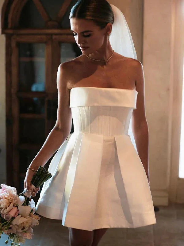Elegant Strapless White Wedding Dress For Women Backless A Line Simple Short Above Knee Mini Bridal Gown Robe De Mariee Ivory 14w