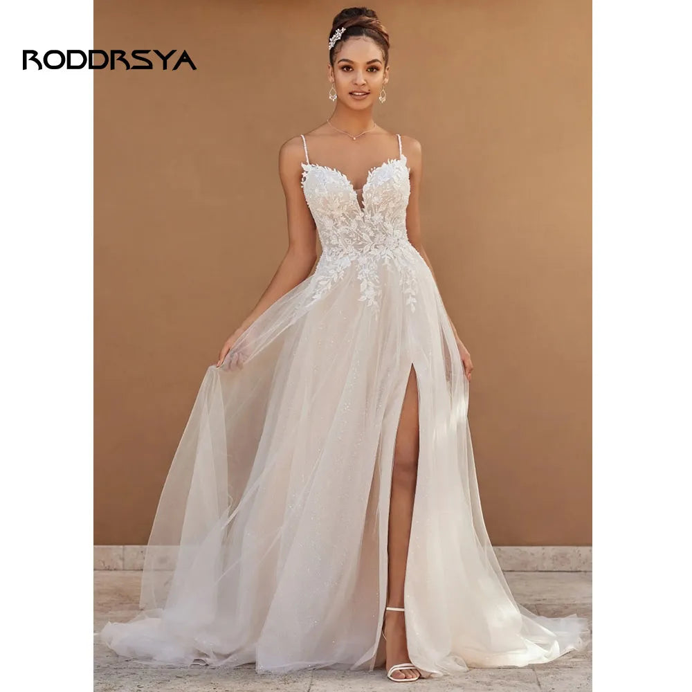 Boho Elegant Wedding Dresses For Women Sweetheart A-line Tulle Lace Appliques Backless Split Vestidos De Novia