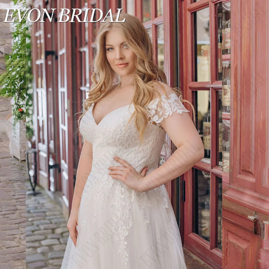 Boho A-Line Plus Size Wedding Kleid Applikat V-Ausschnitt Kurzärmele Brautkleid Tüll Sweep Zug Vestidos de Novia