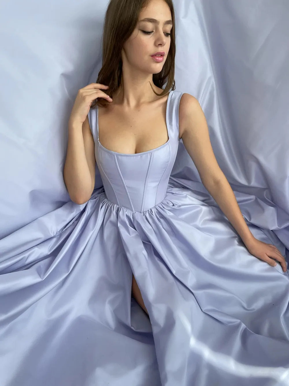 Blue Satin Evening Dresses Square Neck Side Slit Corset Back Sexy Prom Dresses Party Dress Saudi Arabia Vestidos De Fiesta