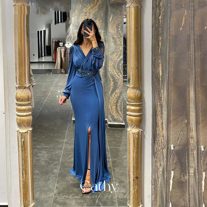 Sexy Mermaid Prom Dress Silk Chiffon Evening Dress With Puffy Sleeve فستان سهرة Blue Arabic Women Formal Prom Dress