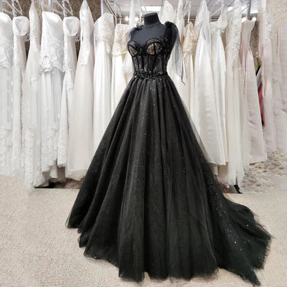 Gothic Black Wedding Dresses Sexy Ball Gown Prom Dresses Glitter Sweetheart Party Dresses فساتين السهرة Vestidos De Fiesta