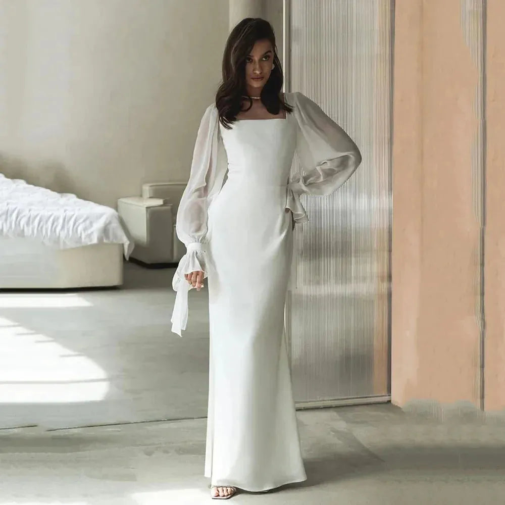 Simple Wedding Dresses Square Neck Puff Sleeves Bodycon Satin Bride Dresses Vintage Bridal Gowns Floor length 26w Satin