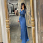 Vestido de fiesta de sirena Sexy, vestido de noche de gasa de seda con manga abullonada, vestido de fiesta Formal azul árabe para mujer