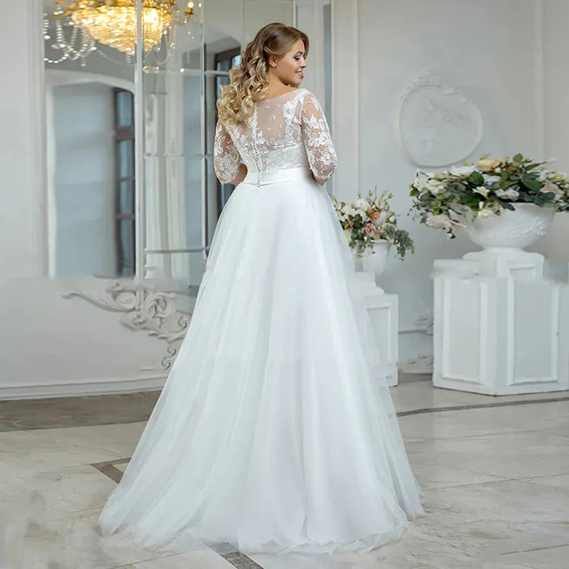 Vintage Beach Wedding Dress Plus Size Boho Lace Applique Three Quarter Sleeves Tulle Bride Gown A-Line Floor Length Plus Size