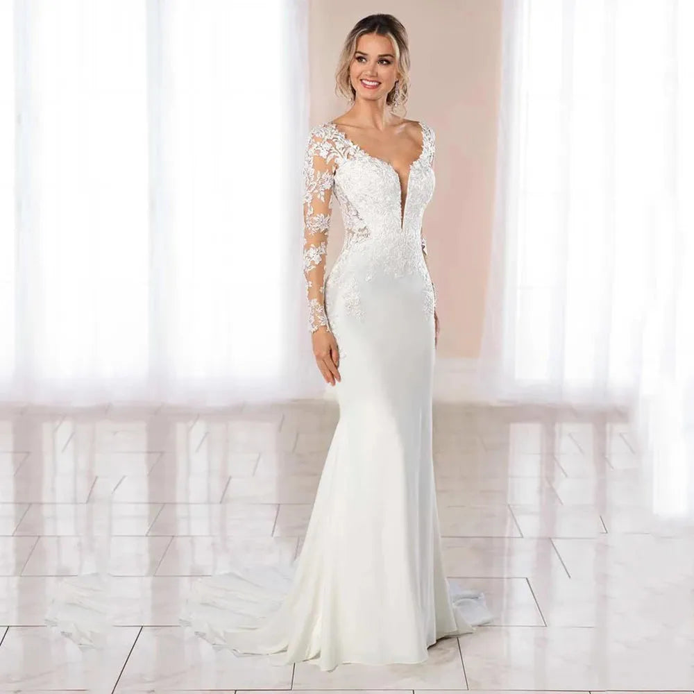 Loveweiwei Mermaid Full Sleeves Wedding Dress Boho Scalloped Wedding Gowns Lace Backless Bridal Dresses Vestido De Novia 14w