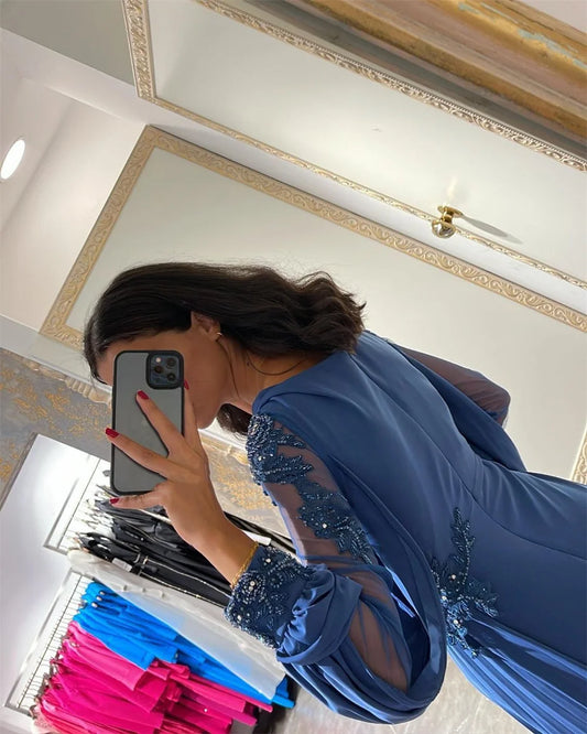 Sexy Mermaid Prom Dress Silk Chiffon Evening Dress With Puffy Sleeve فستان سهرة Blue Arabic Women Formal Prom Dress