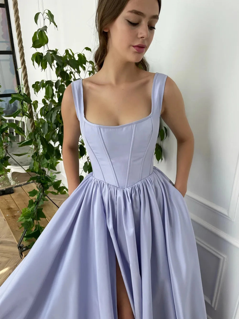 Blue Satin Evening Dresses Square Neck Side Slit Corset Back Sexy Prom Dresses Party Dress Saudi Arabia Vestidos De Fiesta