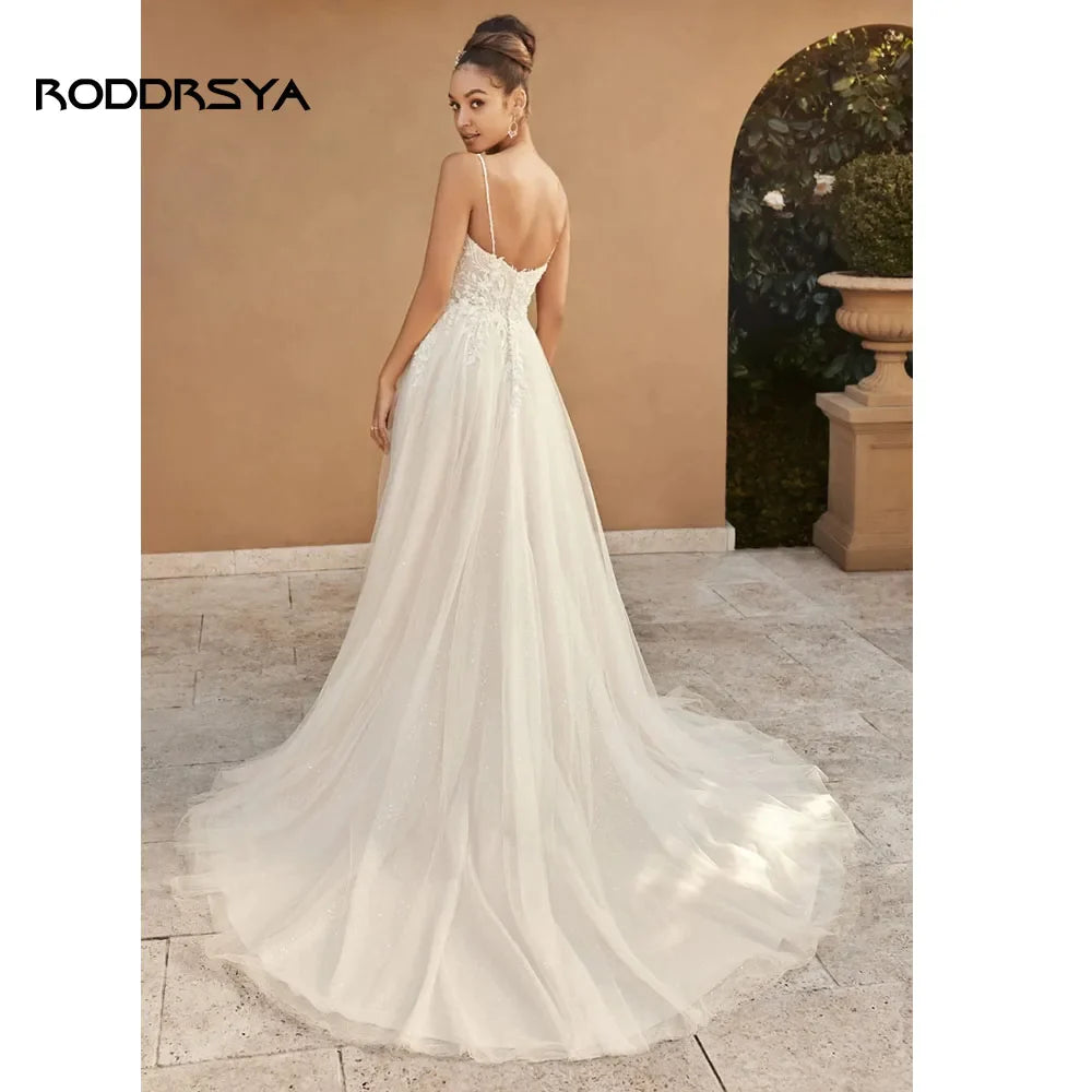 Gaun pengantin elegan boho untuk wanita kekasih a-line tulle lace appliques backless split vestidos de novia