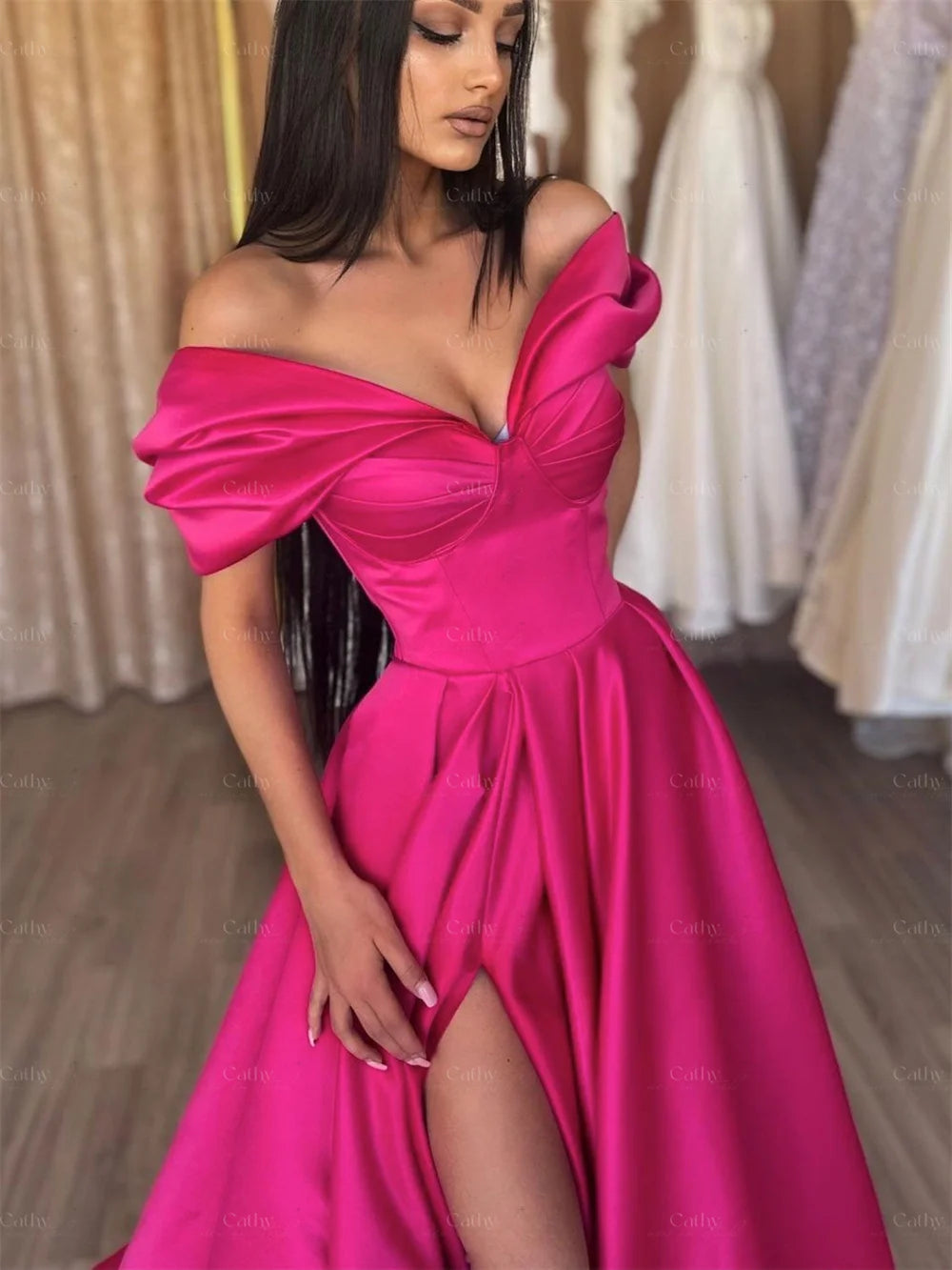 Elegant Red Satin Party Dress Long Prom Evening Dress Pleated High Side Slit Evening Dress Sexy Card Shoulder Sweetheart