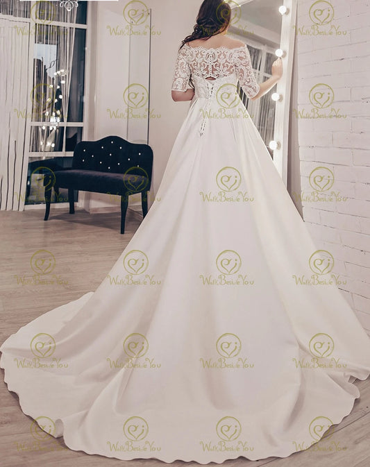 Pregnant Wedding Dress Plus Size Off Shoulder Half Sleeves Satin Lace Pearls Crystal A Line Bridal Gown Women Elegant Bride