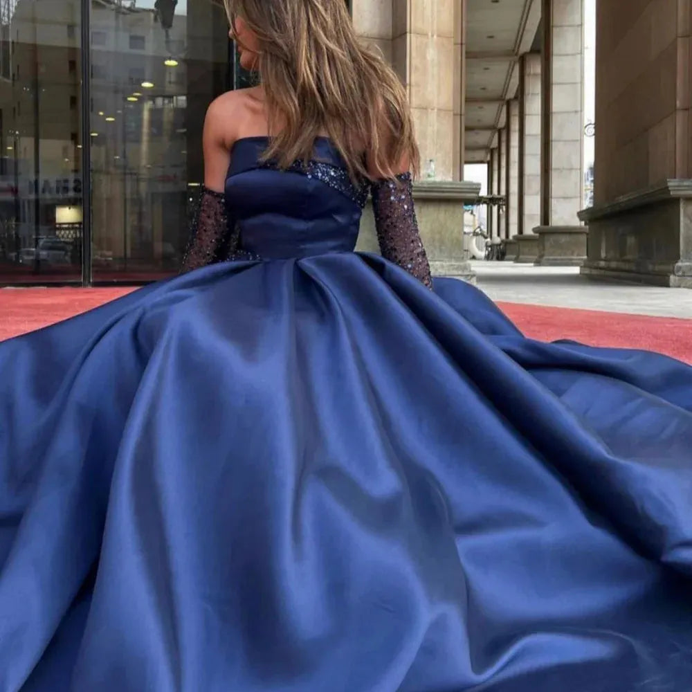 Elegant Dark Blue A-line Prom Dress Sexy Strapless Silk Satin Party Dress Sequins Glove Evening Dress Ball Gown فستان سهرة Navy Blue
