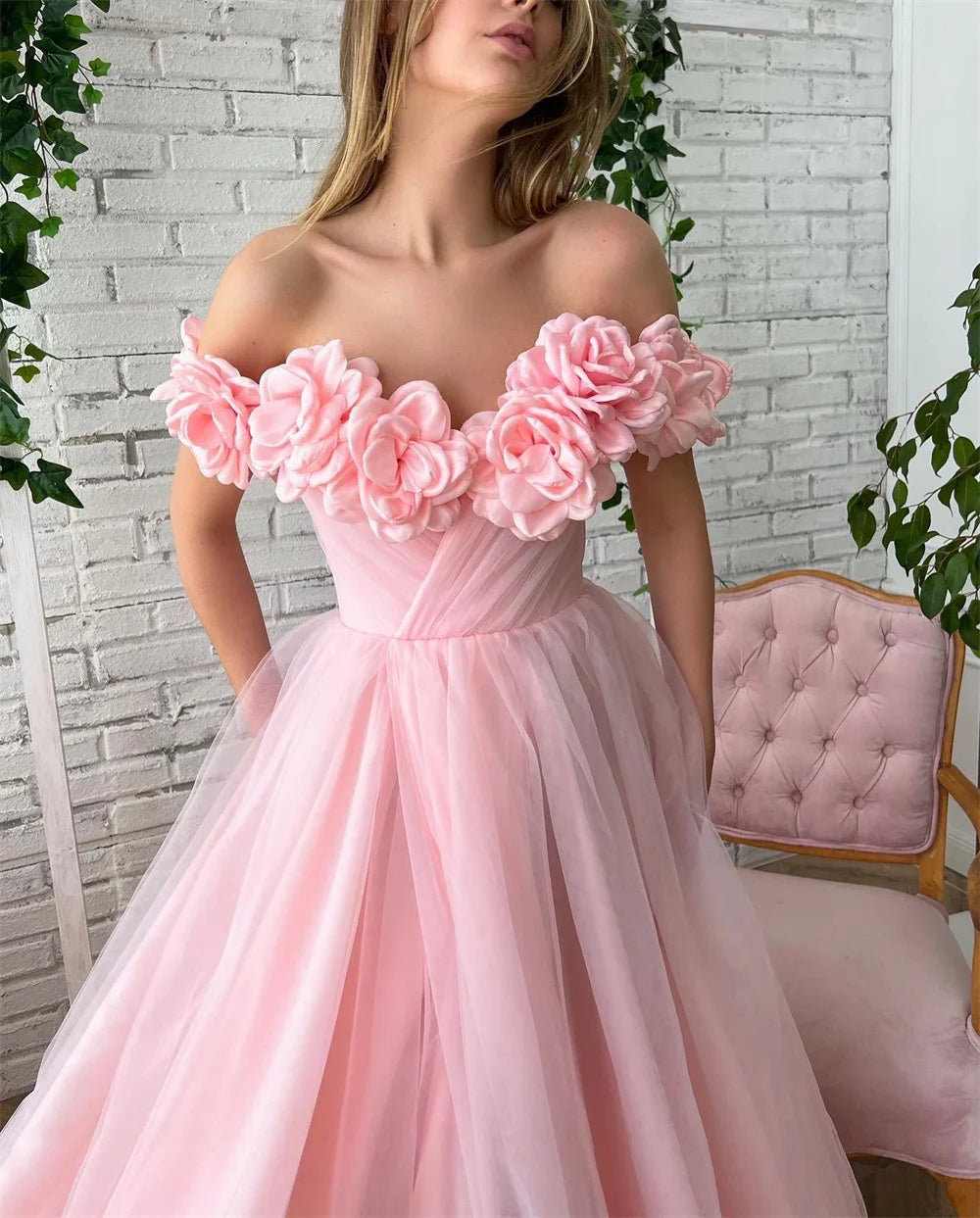 Baby Pink Tulle Sweep Trail Prom Dress Handmade Evening Dress A-line فستان سهرة Off The Shoulder فساتين مناسبة رسمية