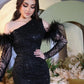 Vestido de fiesta de lentejuelas de lujo, vestido de sirena con hombros descubiertos y plumas, vestido de fiesta negro Sexy, vestido de noche hasta la rodilla con purpurina