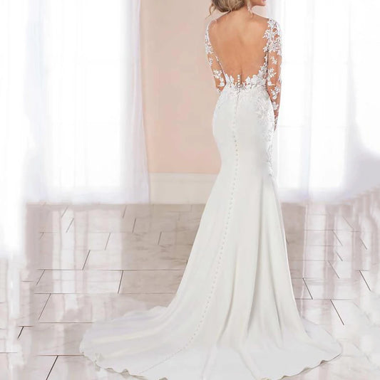 Loveweiwei Mermaid Full Sleeves Wedding Dress Boho Scalloped Wedding Gowns Lace Backless Bridal Dresses Vestido De Novia